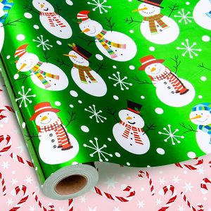 Green Christmas <b>Wrapping</b> <b>Paper</b> Snowman Design 17 Inch X 33 Feet Reversible Gift Wrap For Children Craft Use - Product Image 1
