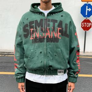 Customized <b>Y2k</b> Distressed French Terry Sudaderas Designer 400 Gsm Print Zipper Hoodie Cotton Acid Wash Rhinestone Zip Up Hoodie - Product Image 1