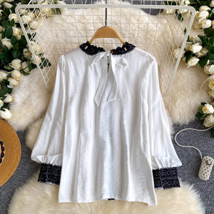 Nuevas <span class=keywords><strong>Blusas</strong></span> Casuales <span class=keywords><strong>de</strong></span> Primavera con Cuello Mao y Encaje para Mujer, Camisas Elegantes con Volantes Lisos para <span class=keywords><strong>Dama</strong></span> - Product Image 3