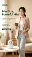 Humidificateur d'air portable 300 ml à brume évaporative, lampe de nuit, alimenté par USB, écologique, pour maison, voiture, bureau, design mignon chat