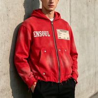 Maßgeschneiderte Markenkleidung: Acid-Wash Baumwoll-Hoodie mit Ausgefranstem Saum, Nieten-Tasche, Reißverschluss, Übergroßer Cropped Streetwear Hoodie