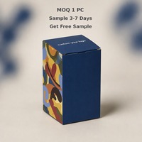 Boîte cadeau rigide bleu marine mat avec blocs de couleur, impression personnalisée pour bougies et parfums d'intérieur, emballage de luxe en carton pliable à rabat.