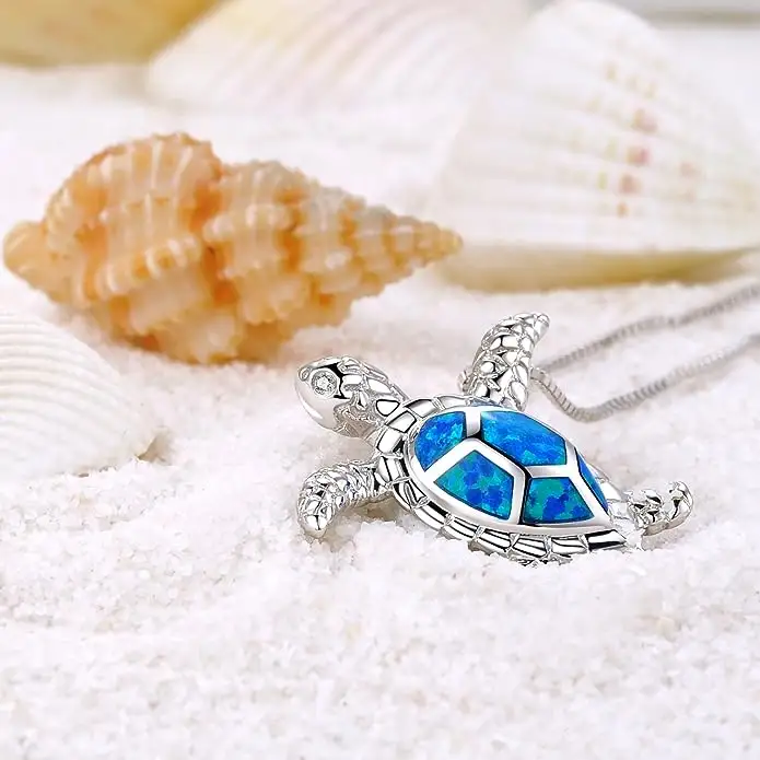 Cổ Điển Bạc Vòng Cổ Màu Xanh Opal Sliver Rùa Hộp Vuông Chuỗi Tình Yêu Món Quà Sinh Nhật Phụ Nữ 925 Sterling Sliver Vòng Cổ Cho Phụ Nữ