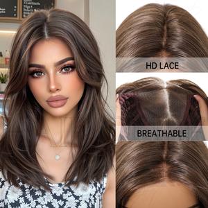 Perruque MONO à base filet, nouée à la main, en fibre japonaise haute température, effet naturel, coupe dégradée, raie centrale, frange, raie libre, cheveux lisses et volumineux - Product Image 5