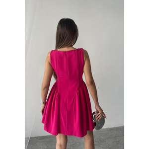 Vestido de Lino Fruncido Color Fucsia, Talla Mini, Estilo Fiesta, Mangas Abullonadas, Cintura Imperio, Personalizable, Disponible en Tallas XS a 6XL, Venta al Por Mayor - Product Image 1