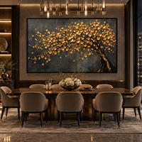 Peinture sur toile texturée 3D Arbre à Argent Feuilles Dorées, Art Mural Botanique Panoramique pour Hôtel, Villa, Salon, Bureau