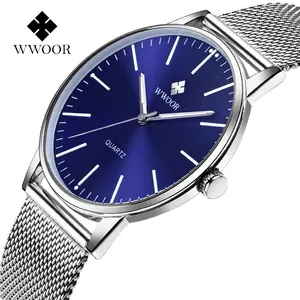 WWOOR 8832 jam tangan kuarsa klasik pria, jam tangan baja tahan karat tali jaring biru ultra-tipis antiair 30M sederhana