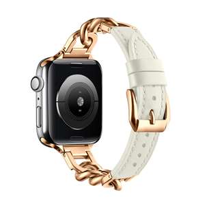Correa de Pulsera de Cuero Genuino con Cadena de Metal y Acero Inoxidable para Apple Watch Band 38 40 41 42 <span class=keywords><strong>44</strong></span> 45 49 <span class=keywords><strong>Mm</strong></span> <span class=keywords><strong>Iwatch</strong></span> Ultra 2 <span class=keywords><strong>Se</strong></span> 9 8 7 - Product Image 1