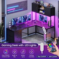 Bureau d'ordinateur d'angle, bureau en forme de L réversible avec tiroirs en tissu et prise de courant, bureau de jeu avec éclairage LED et étagère pour la maison