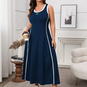 <span class=keywords><strong>Robe</strong></span> longue décontractée et sportive pour <span class=keywords><strong>femme</strong></span>, grande taille, col rond, sans manches, coupe trapèze, avec bordure contrastante - Product Image 3