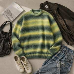 <span class=keywords><strong>Pull</strong></span> en mohair rayé 7GG pour homme, col rond brossé et duveteux, coupe ample, style grunge streetwear, vêtement tricoté rétro - Product Image 6