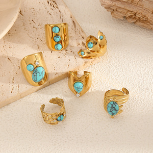 Geometric Natural Stone Stainless Steel <b>Ring</b> For Women Adjustable Opening Gemstone <b>Titanium</b> Steel Jewelry Gift - Product Image 1