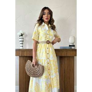 Vestido Amarillo Bordado con Corte en A, Cuello Redondo, Cintura Natural, Tejido Transpirable, Estilo Casual y Holgado - Product Image 3