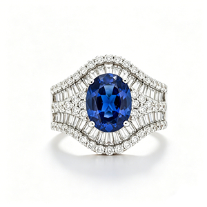 Bague personnalisée en or massif 10K/14K/18K avec saphir ovale de laboratoire, sertie de diamants en griffes, halo de diamants, certifiée IGI, taille brillant 10x8mm, VVS-VS - Product Image 1
