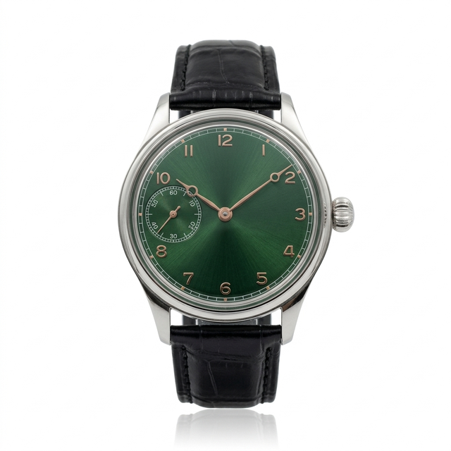 Vintage Mechanical Watch Men Sunray Green Dial Domed Box Glass 316L Stainless Steel Leather Strap Manual Wind Water Resistant