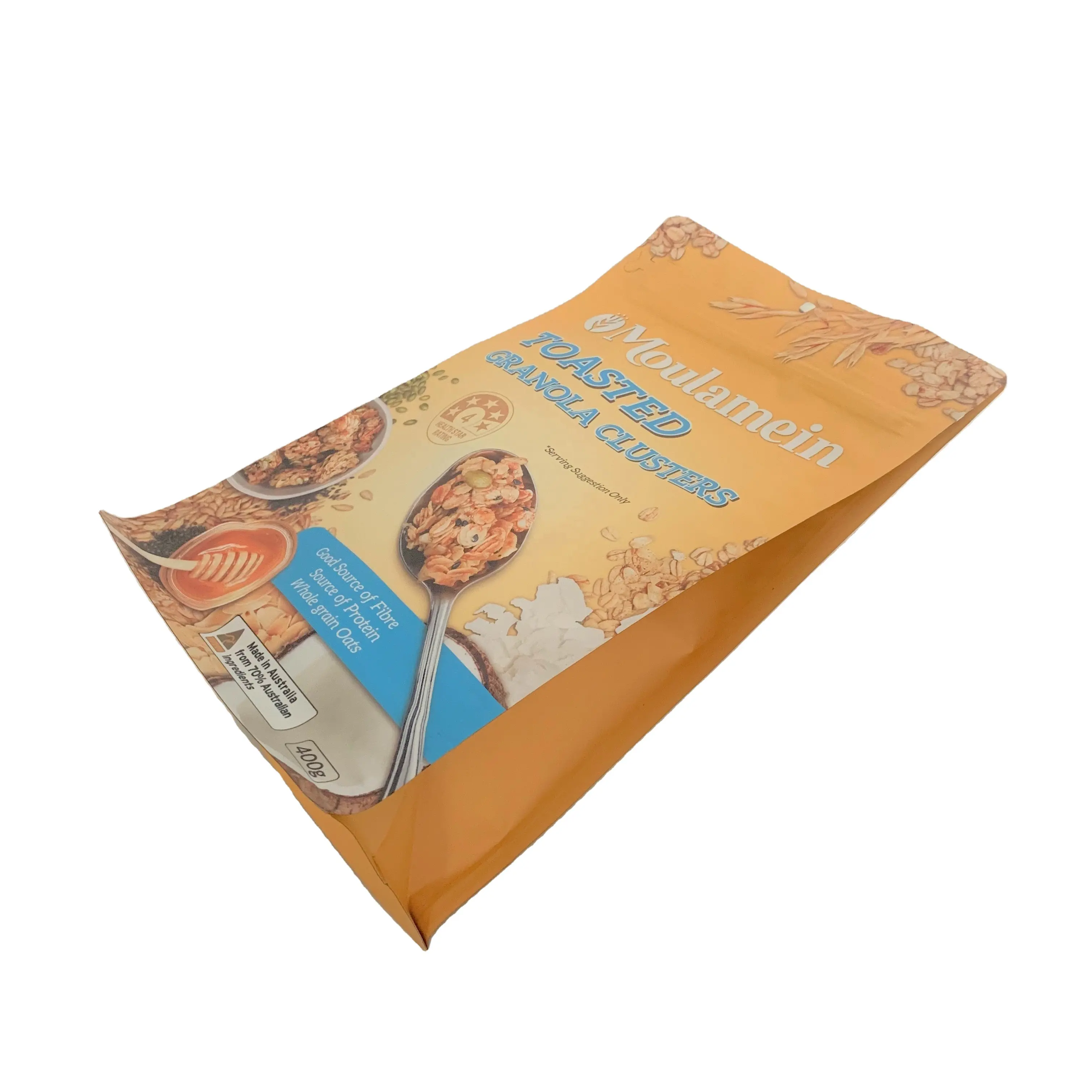 Bolsas de plástico con cremallera de fondo plano con estampado colorido, embalaje de grupo de granola de grado alimenticio, 400g, con agujero para colgar