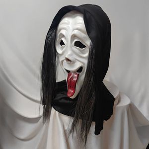Masque d'Halloween en latex hurlant avec langue dégagée et cheveux, accessoire de fête style horreur - Product Image 1