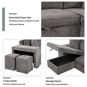 Modern Square 3 Seat Reversible Sectional <b>Sofa</b> Set Pull Out Sleeper with Storage Chaise 2 <b>Stools</b> for Apartment Living Room - Product Image 5
