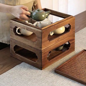Table à thé de style chinois ajourée, plateau rectangulaire empilable en rotin avec rangement pour salon de thé ou bureau - Product Image 3