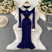 Robe sirène élégante en maille à manches longues pour femme, col à volants, boutons perlés, vêtements décontractés pour soirée, robes décontractées