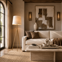 Lampadaire rustique en acier avec trépied et abat-jour conique en tissu de lin, idéal pour salon et chambre à coucher, personnalisable