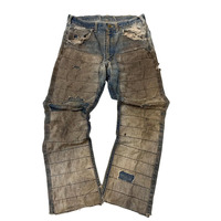 Pantalon en jean personnalisé pour homme, coupe ample, effet vieilli, patchs réparateurs, délavé vintage, écoresponsable, style workwear, fabrication sous marque privée
