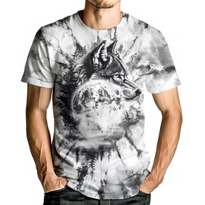 Men's Wolf Print Short Sleeve T-Shirt O-Neck Casual Regular Fit Cotton Knitted Breathable 300g Front <b>Logo</b> - Product Image 2