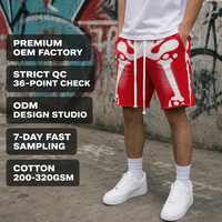 Shorts rouges pour homme en molleton de coton épais personnalisé, avec applique squelette, ourlet effiloché et cordon de serrage, style gothique urbain
