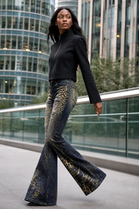 Jeans de Cintura Alta con Corte Acampanado para Mujer, Color Azul Oscuro, Lavado Vintage, Estampado de Leopardo Lateral, Pantalones de Mezclilla - Product Image 4