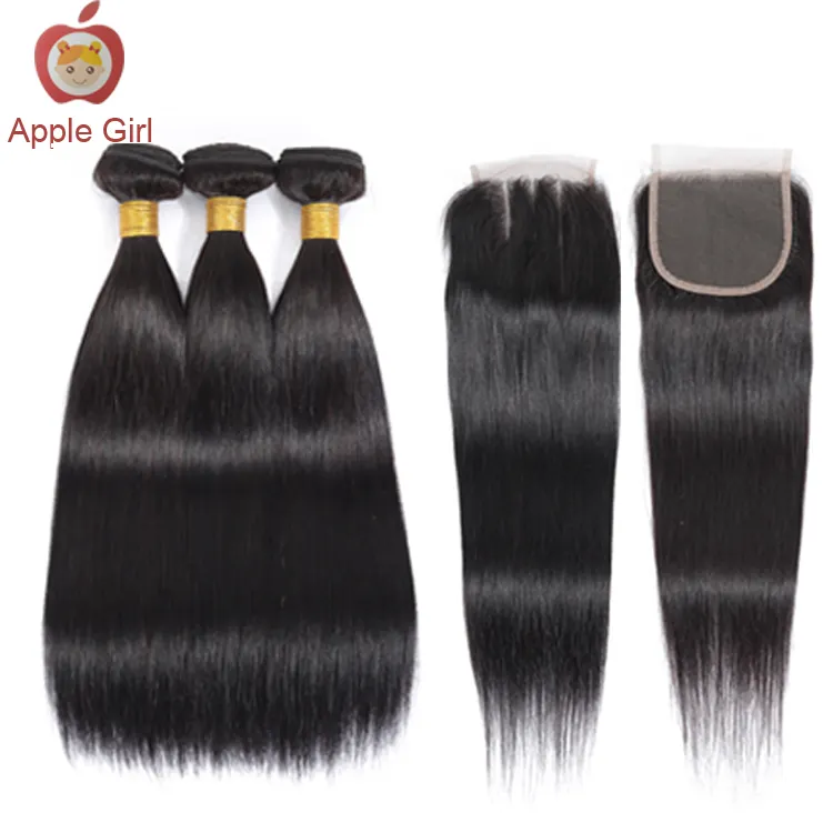 Peruvian Straight Hair Bundles With Closure Human Hair Bundles With Closure Remy Hair Extension Three Part Closure Apple Girl