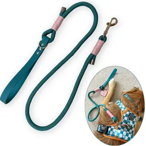 2024 ออกแบบใหม่ปีนเขาหมุนตะขอที่กําหนดเองหรูหรา Handmade สลิปสัตว์เลี้ยงตะกั่วรอบเชือกไนลอนสายจูงสุนัข PVC Handle