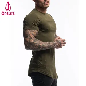 Kaus Olahraga Spandex Katun Kustom Pria, T-shirt Gym Lengan Pendek Hijau Tentara Polos