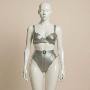 Women's Metallic Silver Faux Leather Underwire Bra & High-Waist Brief <b>Set</b> with Adjustable Belt – Premium Fashion Lingerie <b>Set</b> - Product Image 1