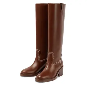 Plus Size Women Winter Shoes Brown PU Leather Slip On Round Toe Knee High Boots Blocked Heels Boots for Ladies