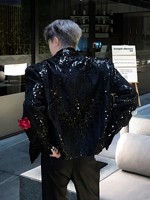 Veste Courte Noire BIG Wisdom pour Homme, Robuste, à Paillettes, Motif Floral Tridimensionnel, Design Original, Costume de Scène à Paillettes