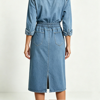 Jupe en jean mi-longue élastiquée taille haute pour femme, coupe trapèze, décontractée, été, avec poches, vente en gros