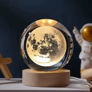 2022 Hot Sale Custom 60/80/100mm Engraved Moon Galaxy Crystal Glass Ball With Warm Wooden Led Light Base