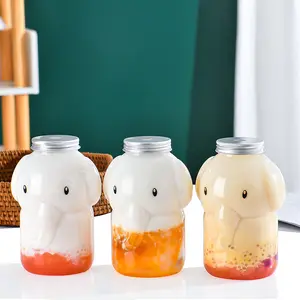 350ml 500ml 700ml Linda forma de elefante de dibujos animados PET de grado alimenticio botella de bebida de té de leche Boba de plástico vacía con tapa de aluminio