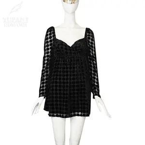 YuFan özel siyah moda Trendy katı dantel uzun kollu elbiseler kadınlar için kare boyun Mini elbise