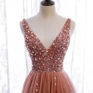 Elegant Pink Long Evening Gown With Sequins Deep V-Neck A-Line Chiffon Slit Empire Waistline - Product Image 2