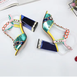 2024 nuovo Design in vera pelle Multicolor Block tacchi alti sandali Peep Toe <span class=keywords><strong>scarpe</strong></span> estive da donna <span class=keywords><strong>con</strong></span> <span class=keywords><strong>borchie</strong></span> decorative - Product Image 5