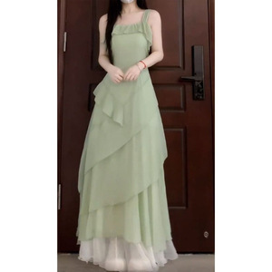 French Style Fitted Waist Irregular Ruffle Maxi Dress Asymmetric Casual Summer Dress Green White <b>Layered</b> Long Dress - Product Image 5