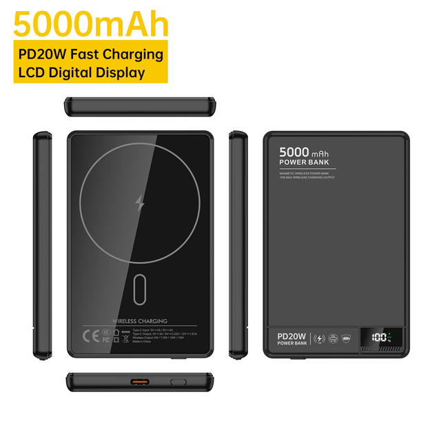For OEM Custom Logo PD20W Type-C Portable Power Bank LCD Display Magnetic 15W Wireless Charge 5000mAh Aluminum Alloy Glass