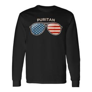 T-shirt puritana a maniche lunghe con design a occhiali da sole con bandiera americana - Product Image 1