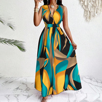 Nouvelle Robe Longue Décontractée d'Été Sans Manches Grande Taille pour Femme, Imprimée Col V Profond, Taille Cintrée, Idéale Plage