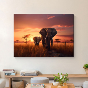 Impresión en Lienzo Personalizada, Pintura al Óleo de Elefante Africano, Imagen de Paisaje al Atardecer, Impresión para Sala de Estar, Arte Natural para Pared - Product Image 1