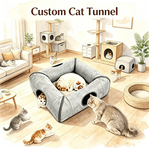 Lit tunnel pour chat 4-en-1 personnalisé, aire de jeux intérieure pour chat avec coussin amovible, abri anti-griffures pour chats et petits chiens - Product Image 1