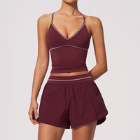 Ensemble de course 2 pièces à séchage rapide en Spandex/Nylon imprimé pour femme – Débardeur long rembourré dos en Y et short de sport pour l'entraînement en salle de sport