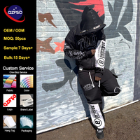 QZFSO OEM Custom Y2K Streetwear Set Hoodie Beritsleting dengan Rhinestone, Model Boxy Fit Heavyweight, Tracksuit Pria Distressed Acid Wash Bordir
