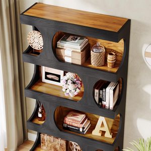 Bibliothèque moderne en bois SENYU avec 4 étagères et panneau arrière, rangement gain de place pour chambre et salon, design contemporain - Product Image 3